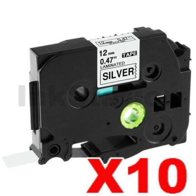 10 x Brother TZe-931 Compatible 12mm Black Text on Silver Laminated Tape - 8 meters