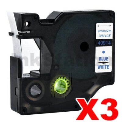 3 x Dymo SD40914 / S0720690 Compatible 9mm Blue Text on White Label Cassette - 7 meters
