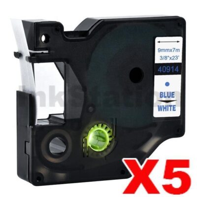5 x Dymo SD40914 / S0720690 Compatible 9mm Blue Text on White Label Cassette - 7 meters
