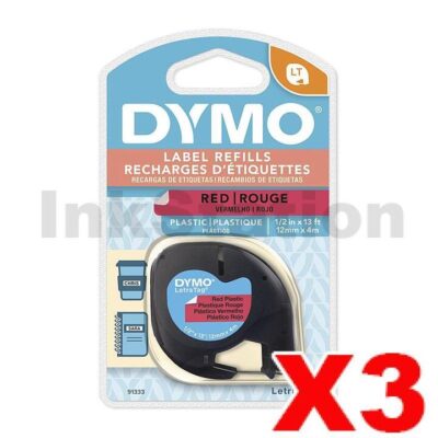 3 x Dymo 91333 Genuine 12mm x 4m Black On Red LetraTag Plastic Tape