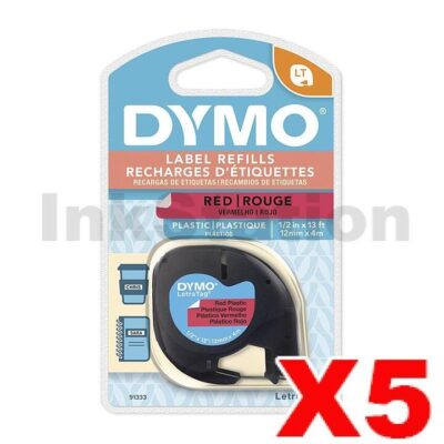 5 x Dymo 91333 Genuine 12mm x 4m Black On Red LetraTag Plastic Tape