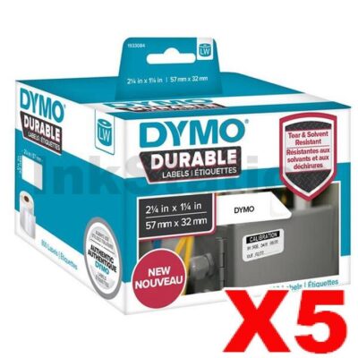 5 x Dymo 1933084 Genuine Durable Industrial White Label Roll 57mm x 32mm - 800 labels per roll