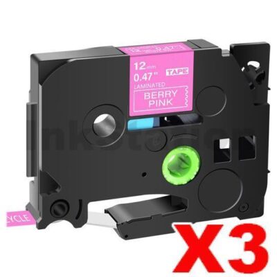 3 x Brother TZe-MQP35 Compatible 12mm White Text on Berry Pink Laminated Tape - 5 metres