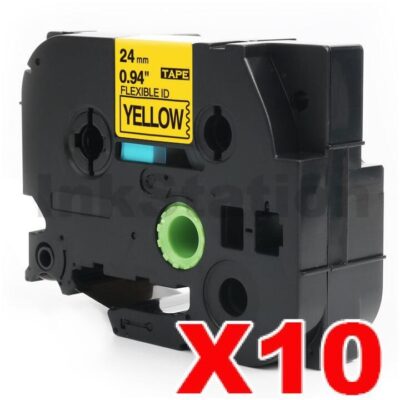 10 x Brother TZe-FX651 Compatible 24mm Black Text on Yellow Flexible ID Laminated Tape - 8 metres
