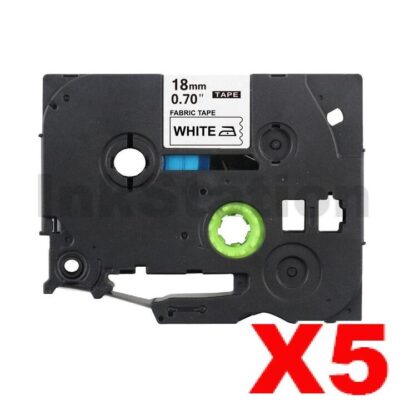 5 x Brother TZe-FA241 Compatible 18mm Black Text on White Fabric Tape - 3 meters
