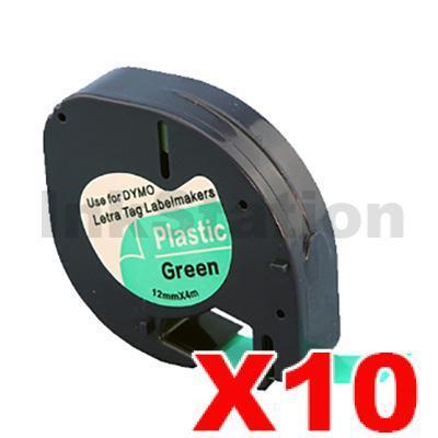 10 x Dymo SD91204 Compatible 12mm x 4m Black On Green LetraTag Plastic Tape