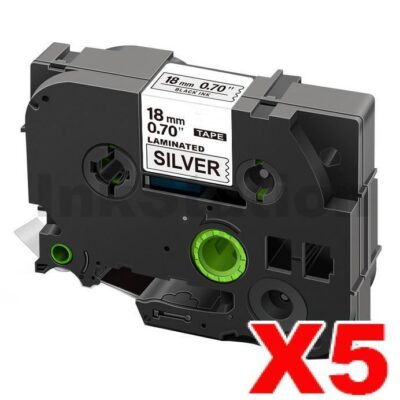 5 x Brother TZe-941 Compatible 18mm Black Text on Silver Laminated Tape - 8 meters