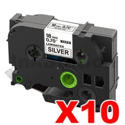 10 x Brother TZe-941 Compatible 18mm Black Text on Silver Laminated Tape - 8 meters
