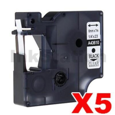 5 x Dymo SD43610 / S0720770 Compatible 6mm Black Text on Clear Label Cassette - 7 meters