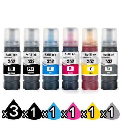 8-Pack Compatible Epson T552 EcoTank Ink Bottle Combo [3BK,1PBK,1C,1M,1Y,1GY]