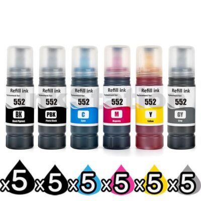 30-Pack Compatible Epson T552 EcoTank Ink Bottle Combo [5BK,5PBK,5C,5M,5Y,5GY]