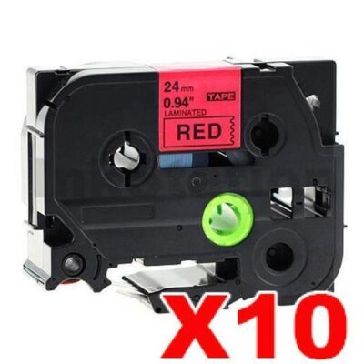 10 x Brother TZe-451 Compatible 24mm Black Text on Red Laminated Tape - 8 meters