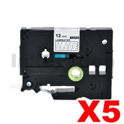 5 x Brother TZe-135 Compatible 12mm White Text on Clear Laminated Tape - 8 meters