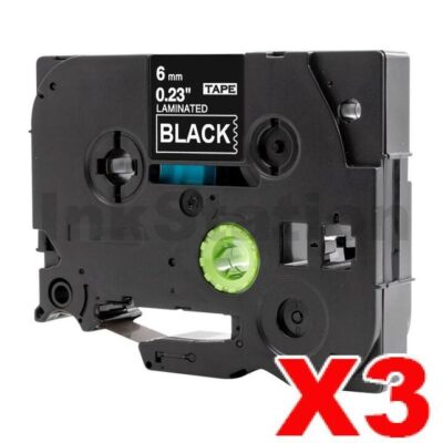 3 x Brother TZe-315 Compatible 6mm White Text on Black Laminated Tape - 8 meters