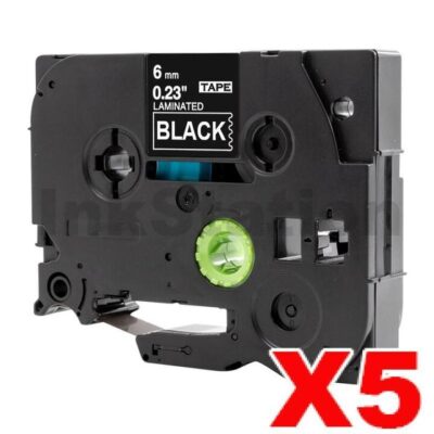 5 x Brother TZe-315 Compatible 6mm White Text on Black Laminated Tape - 8 meters