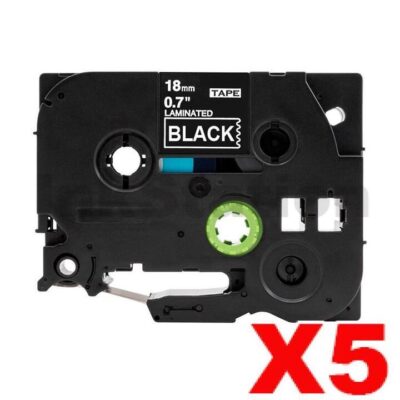 5 x Brother TZe-345 Compatible 18mm White Text on Black Laminated Tape - 8 meters
