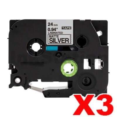 3 x Brother TZe-M951 Compatible 24mm Black Text on Matt Silver Laminated Tape - 8 metres