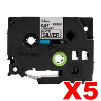 5 x Brother TZe-M951 Compatible 24mm Black Text on Matt Silver Laminated Tape - 8 metres