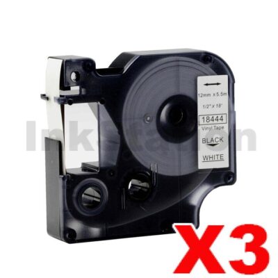 3 x Dymo SD18444 Compatible 12mm Black Text on White Vinyl Industrial Rhino Label Cassette - 5.5 meters