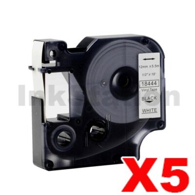 5 x Dymo SD18444 Compatible 12mm Black Text on White Vinyl Industrial Rhino Label Cassette - 5.5 meters