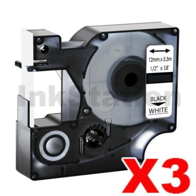 3 x Dymo SD1978364 Compatible 12mm x 5.5m Black On White D1 Durable Label Tape