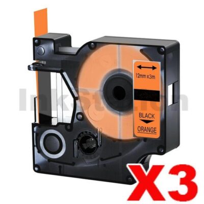 3 x Dymo SD1978367 Compatible 12mm x 3m Black On Orange D1 Durable Label Tape