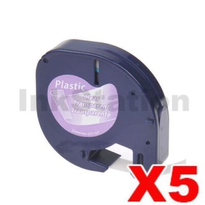 5 x Dymo SD12267 / 16952 Compatible 12mm x 4m Black On Clear Plastic Tape