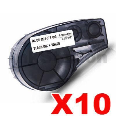 10 x Compatible Brady M21-375-499 Black on White Nylon Label Tape 9.5mm x 4.9m