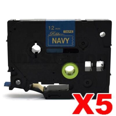 5 x Brother TZe-RN34 Compatible 12mm Gold Text on Navy Blue Ribbon Tape - 4 metres