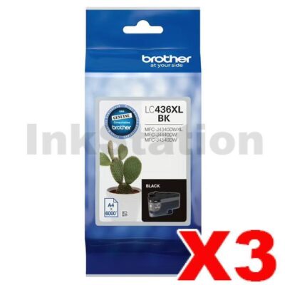 3 x Brother LC-436XLBK Genuine High Yield Black Ink Cartridge - 6,000 pages