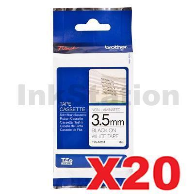 20 x Brother TZe-N201 Genuine 3.5mm Black Text on White Tape - 8 metres