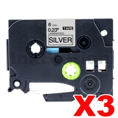 3 x Brother TZe-911 Compatible 6mm Black Text on Silver Laminated Tape - 8 meters