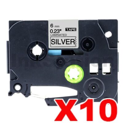 10 x Brother TZe-911 Compatible 6mm Black Text on Silver Laminated Tape - 8 meters
