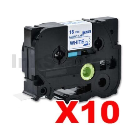 10 x Brother TZe-FA4 Compatible 18mm Blue Text on White Fabric Tape - 3 meters