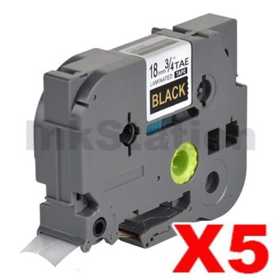 5 x Brother TZe-344 Compatible 18mm Gold Text on Black Laminated Tape - 8 meters