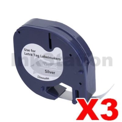3 x Dymo SD91208 / 91338 Compatible 12mm x 4m Black On Silver LetraTag Metallic Tape