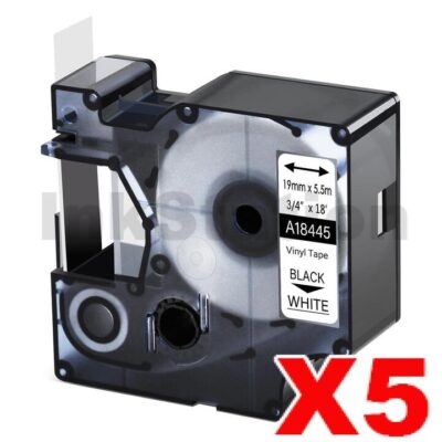 5 x Dymo SD18445 Compatible 19mm Black Text on White Vinyl Industrial Rhino Label Cassette - 5.5 meters