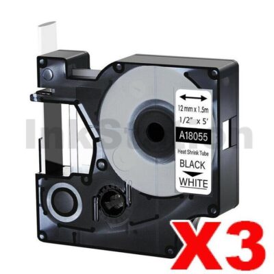 3 x Dymo SD18055 Compatible 12mm Black Text on White Heat-Shrink Tube Industrial Rhino Label Cassette - 1.5 meters