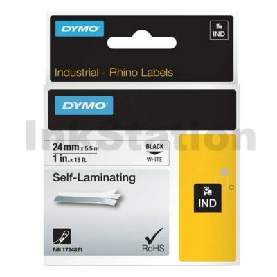 Dymo 1734821 Genuine 24mm Black Text on White Self-Laminating Vinyl Industrial Rhino Label Cassette - 5.5 meters