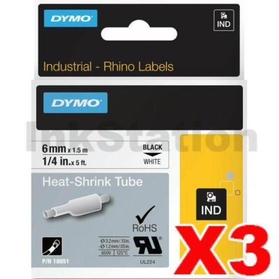 3 x Dymo SD18051 Genuine 6mm Black Text on White Heat-Shrink Tube Industrial Rhino Label Cassette - 1.5 meters