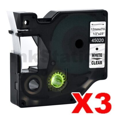 3 x Dymo SD45020 / S0720600 Compatible 12mm White Text on Clear Label Cassette - 7 meters
