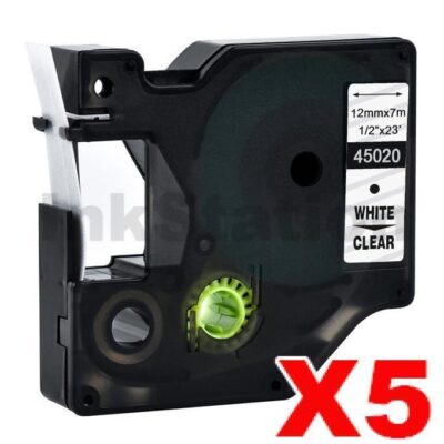 5 x Dymo SD45020 / S0720600 Compatible 12mm White Text on Clear Label Cassette - 7 meters