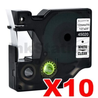 10 x Dymo SD45020 / S0720600 Compatible 12mm White Text on Clear Label Cassette - 7 meters