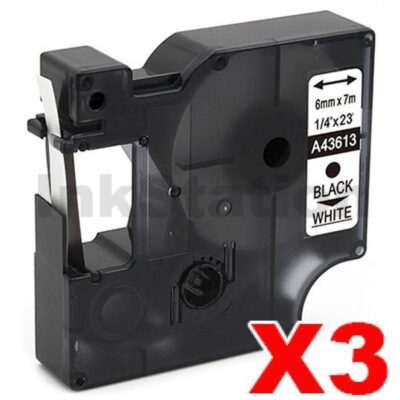 3 x Dymo SD43613 / S0720780 Compatible 6mm Black Text on White Label Cassette - 7 meters