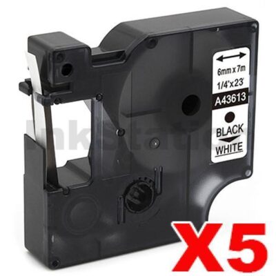 5 x Dymo SD43613 / S0720780 Compatible 6mm Black Text on White Label Cassette - 7 meters