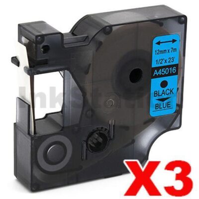 3 x Dymo SD45016 / S0720560 Compatible 12mm Black Text on Blue Label Cassette - 7 meters