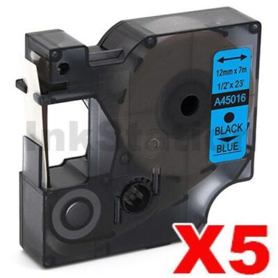 5 x Dymo SD45016 / S0720560 Compatible 12mm Black Text on Blue Label Cassette - 7 meters