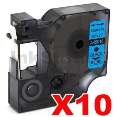 10 x Dymo SD45016 / S0720560 Compatible 12mm Black Text on Blue Label Cassette - 7 meters