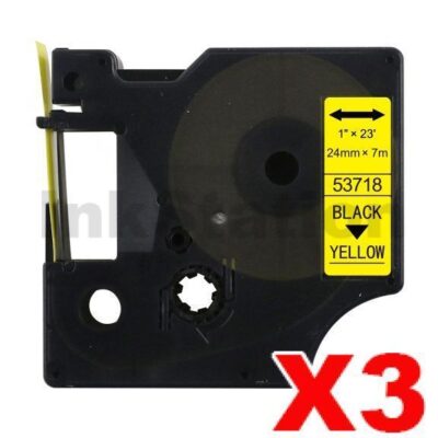 3 x Dymo D1 SD53718 / S0720980 Compatible 24mm Black Text on Yellow Label Cassette - 7 meters