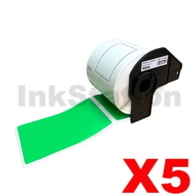 5 x Brother DK-11202 Compatible Black Text on Green Die-Cut Paper Label Roll 62mm x 100mm - 300 labels per roll